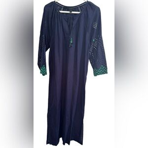 J. CREW Linen Eyelet Caftan Embroidered Beach Coverup Dress Navy Green Women Med